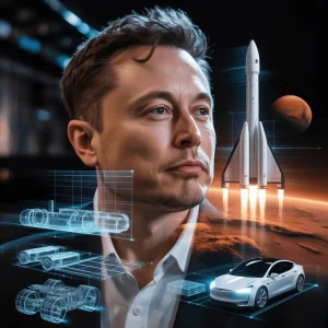 Elon Musk envisioning a future on Mars, surrounded by futuristic technologies and concepts like rockets and electric vehicles.