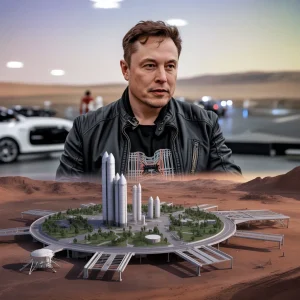 Elon Musk showcasing his vision for a Mars city by 2050, with a model of futuristic buildings and spaceports.