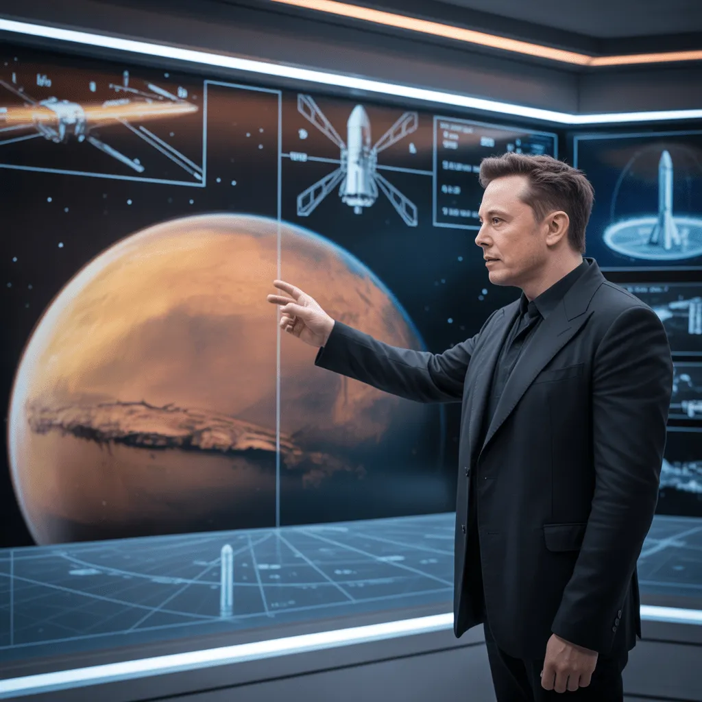Elon Musk envisioning the future of Mars colonization with a holographic map of the red planet and space colonies.