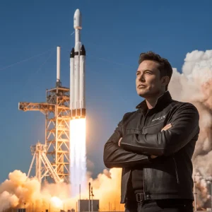 Elon Musk in front of a SpaceX rocket, symbolizing his mission to explore space and colonize Mars.