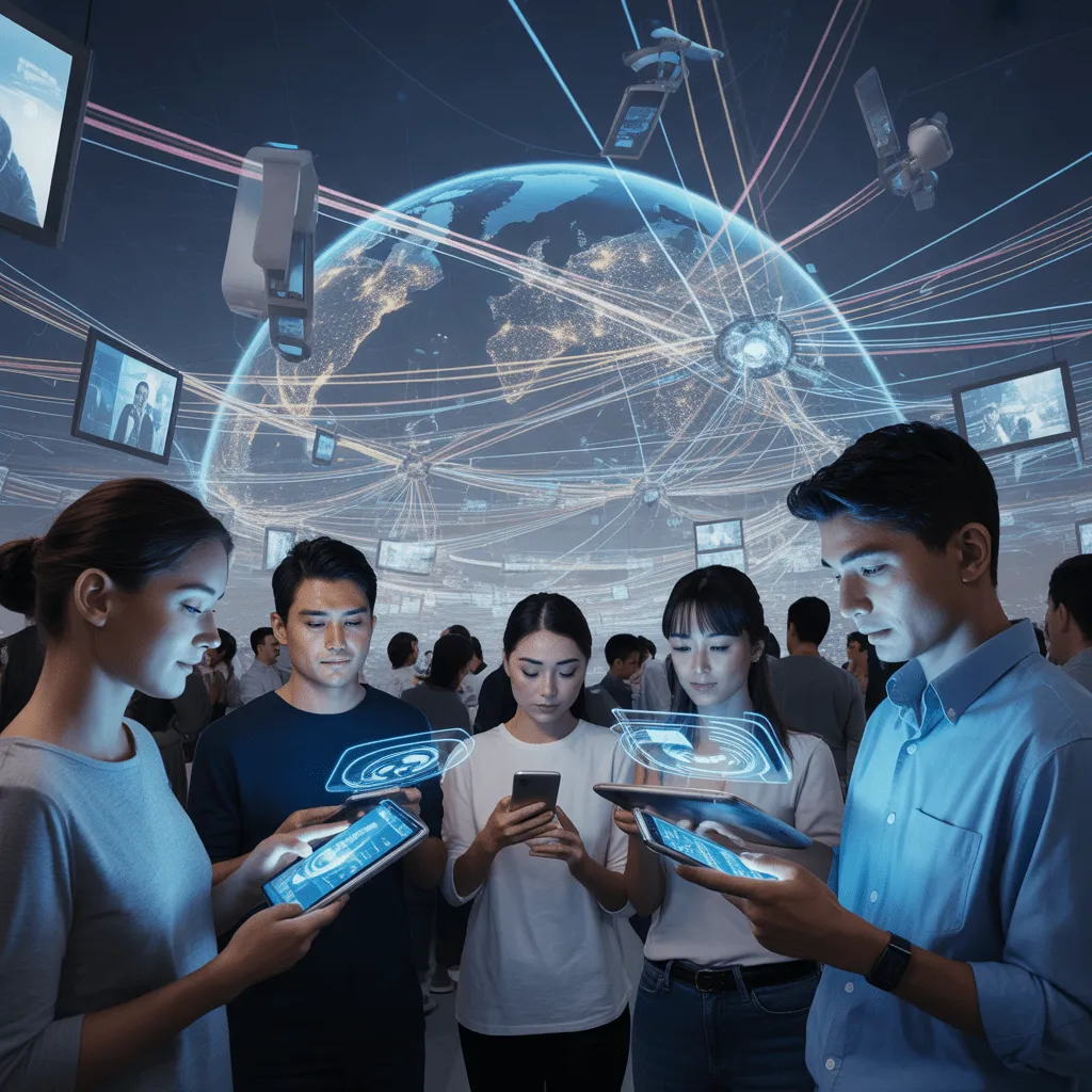 Visual representation of Marshall McLuhan’s 'Global Village' showing the evolution of communication tools like radio, TV, and mobile phones.