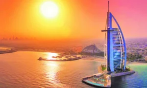 Awesome view of the seven star hotel Burj Al Arab with sun set