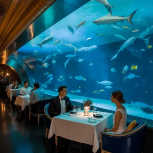 Luxurious Al Mahara restaurant with a massive aquarium at Burj Al Arab Dubai.