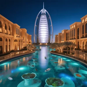 Grand entrance of Burj Al Arab with massive aquariums and luxurious lobby.