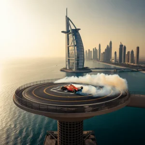 Helipad at Burj Al Arab featuring a Formula 1 car doing donuts with the Dubai skyline.