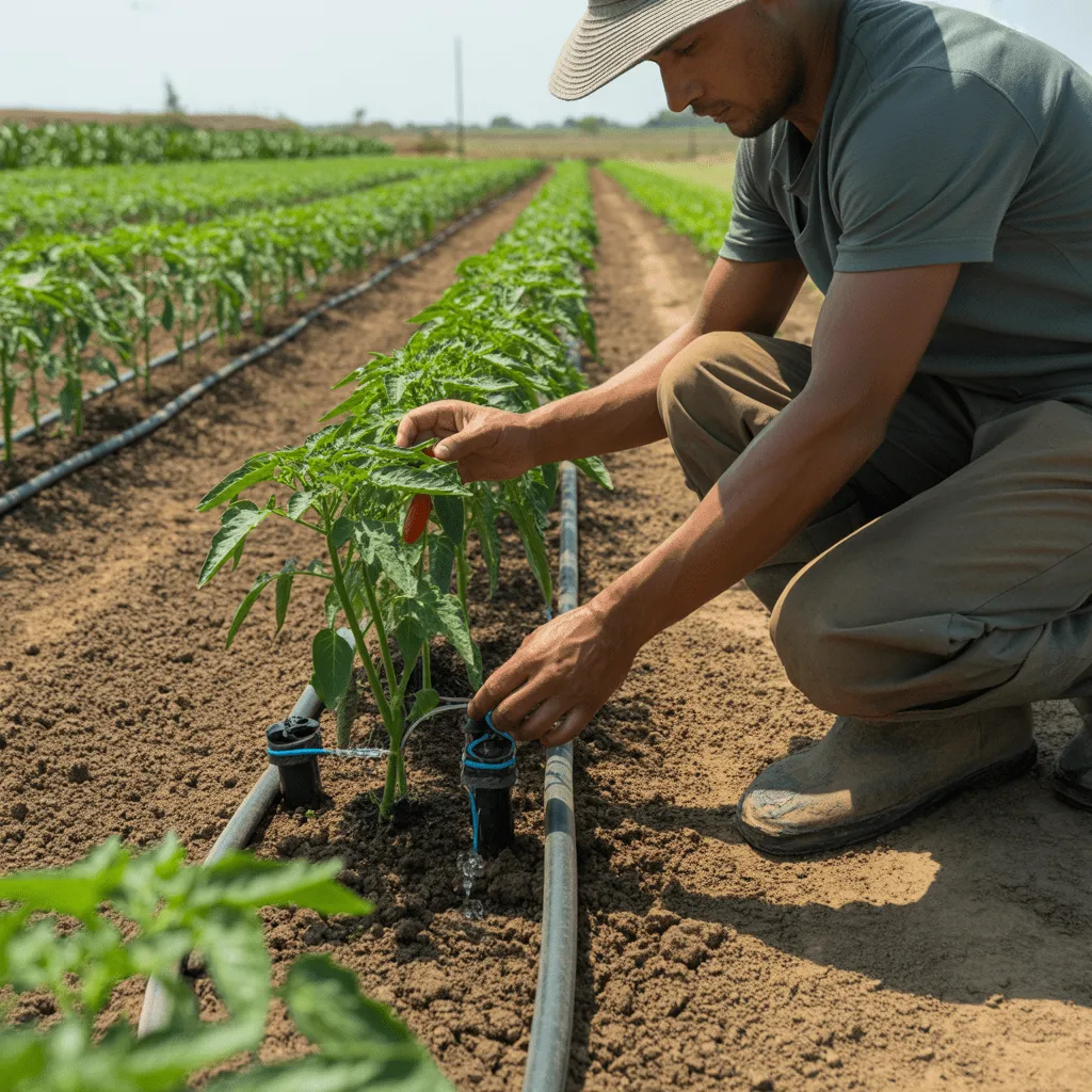 A farmer watering crops using drip irrigation, promoting efficient water use and sustainable farming practices to conserve resources.