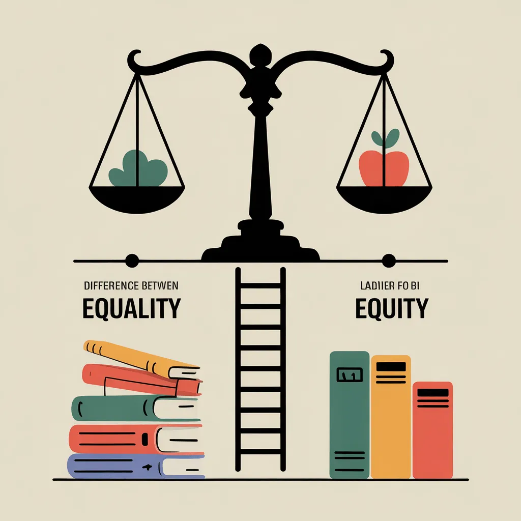 An infographic illustrating the difference between equality and equity, with scales for equality and a ladder for equity