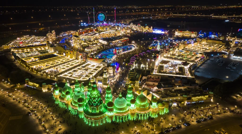 Global Village Dubai spectacular Aerial view at night 