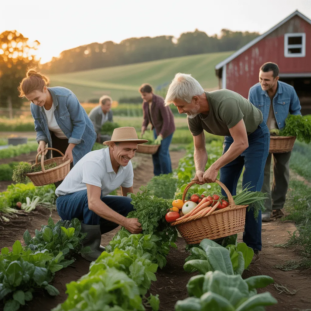 Local farmers selling fresh organic produce at a market, emphasizing the benefits of supporting local food systems and sustainable farming