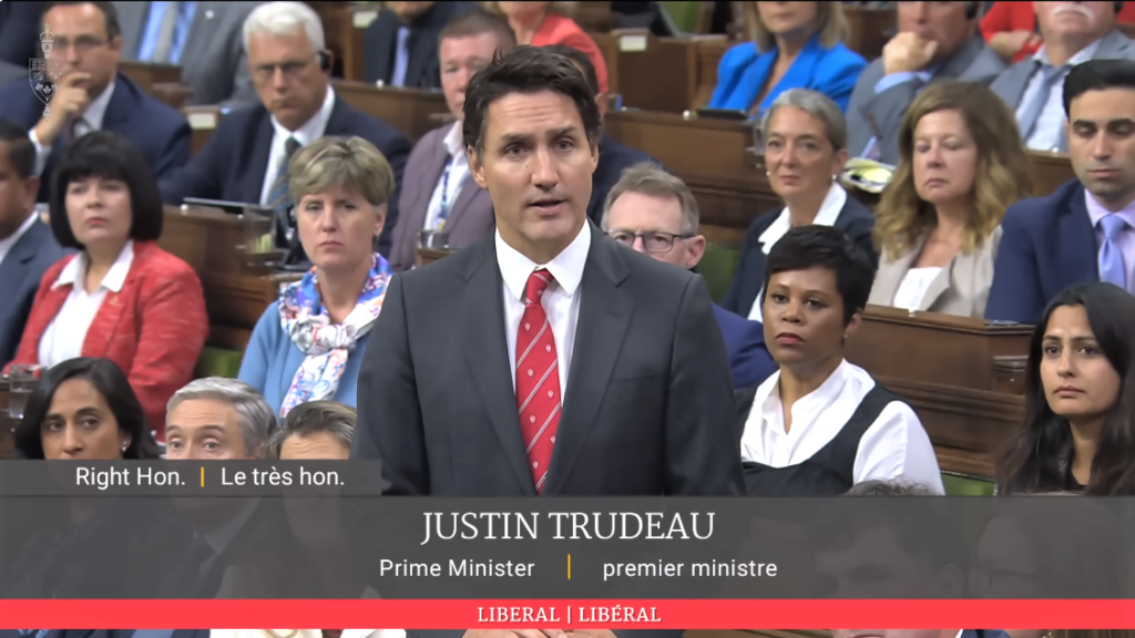Pic of PM Justin Trudeau addressing Canadians and Parliament about Hardeep Singh Niraj Murder
