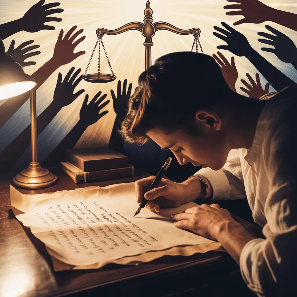 A person writing an open letter for social justice activism, surrounded by symbols of equality and justice