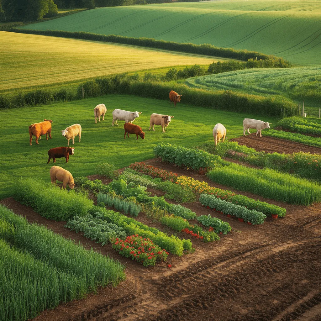 A thriving farm practicing crop rotation and using cover crops to maintain soil health and fertility, with a rich and healthy ecosystem.