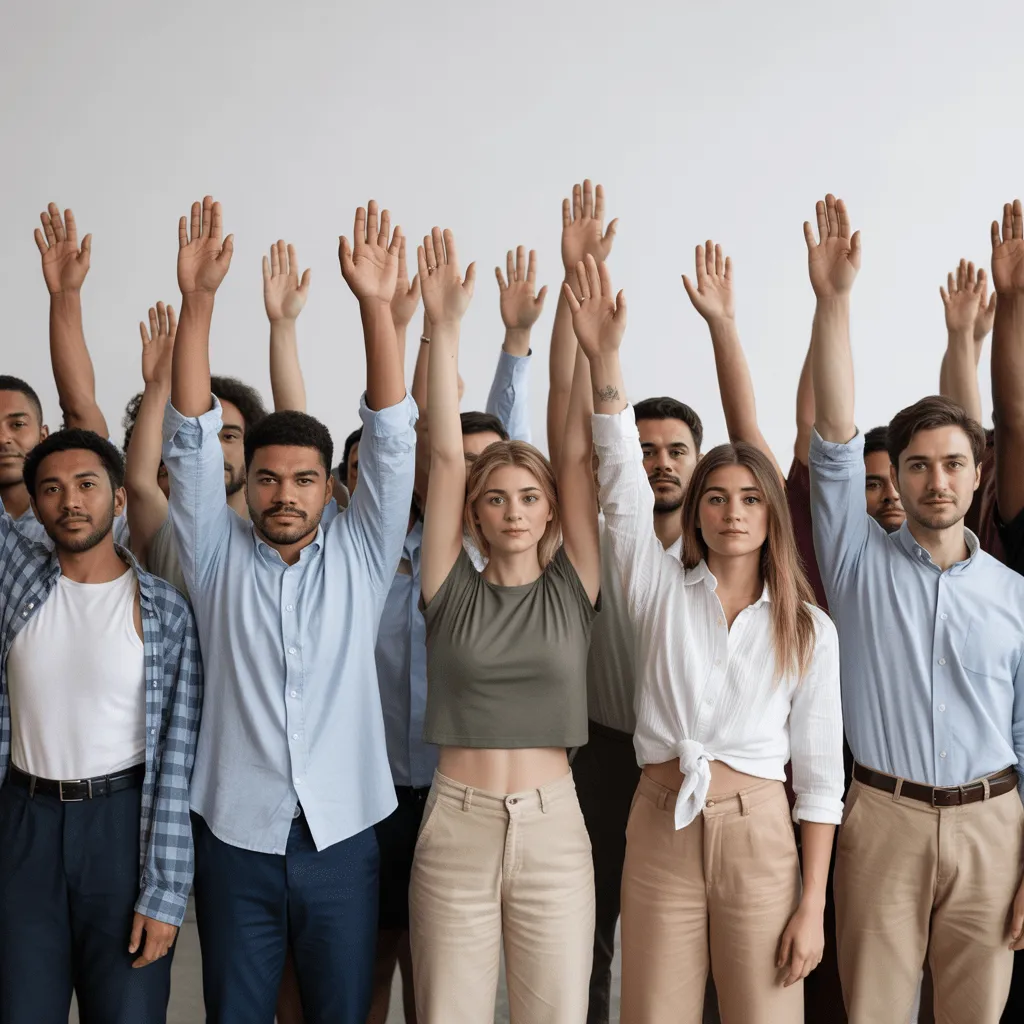 A diverse group of people standing together, raising their hands in solidarity for equality and fairness in social justice.