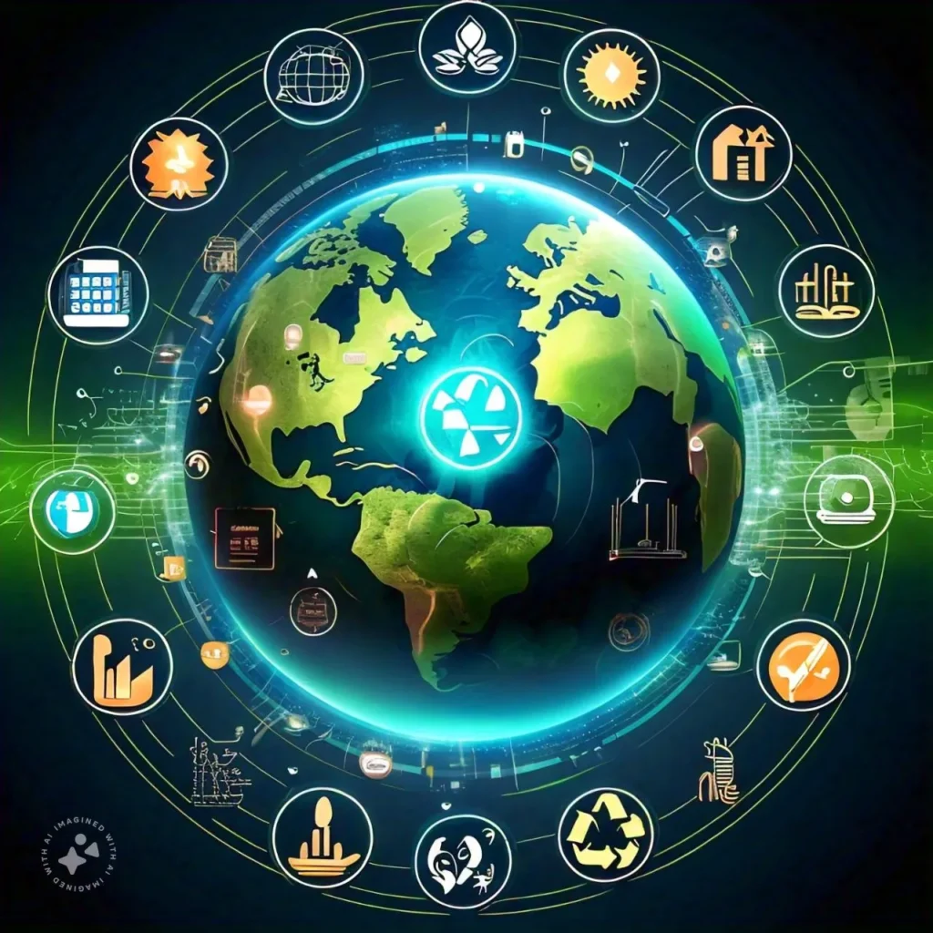 image futuristic illustration of a green earth with a technology globe in the center, surrounded by icons of sustainable energy sources like solar panels, wind turbines, and a recycling symbol Environmental Technology Verification