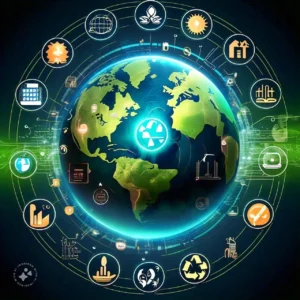 image futuristic illustration of a green earth with a technology globe in the center, surrounded by icons of sustainable energy sources like solar panels, wind turbines, and a recycling symbol Environmental Technology Verification