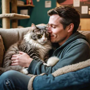 A warm and inviting photograph of a person snuggling with a cat on a cozy couch at the Tree House Humane Society's cat café.
