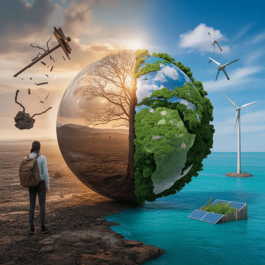 A split image showcasing the contrast between environmental degradation and sustainable protection efforts against climate change.