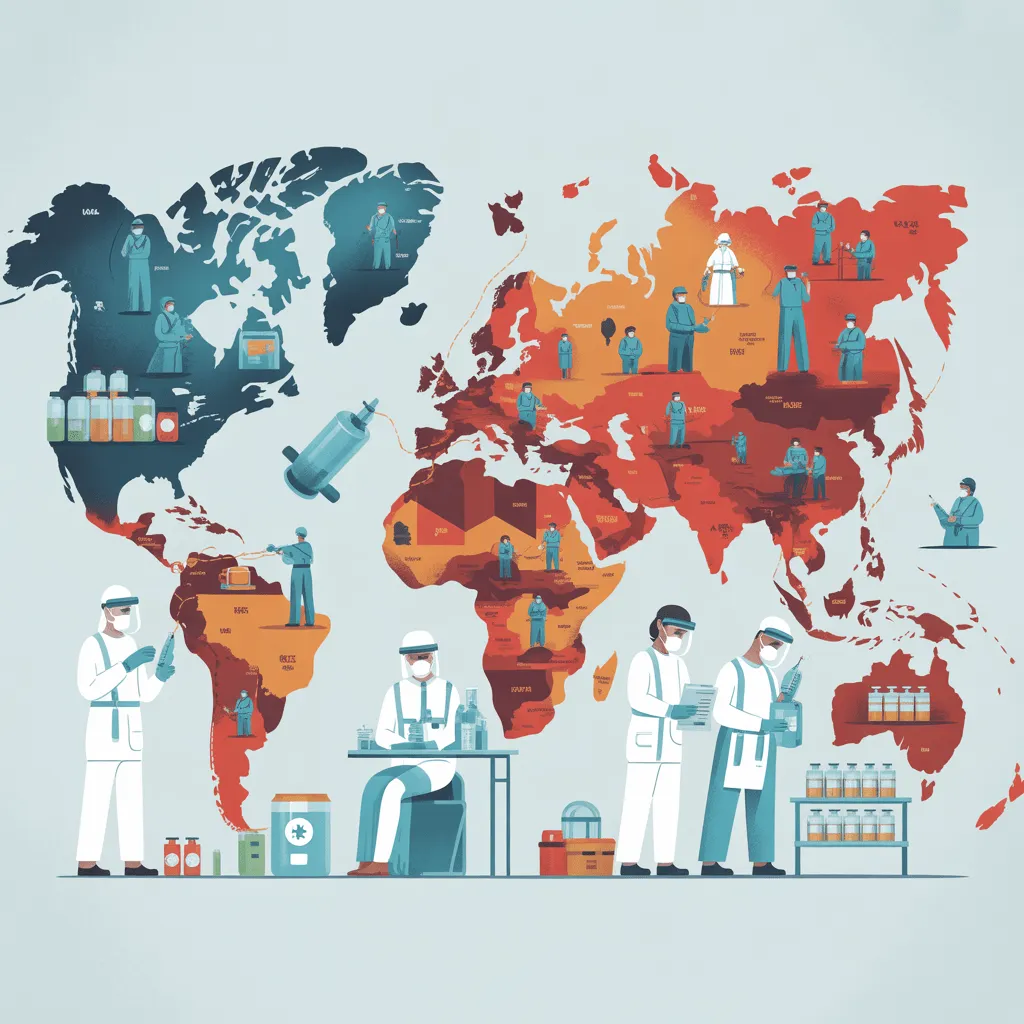 A world map showing the spread of a global pandemic, with healthcare workers and vaccination campaigns working towards recovery.