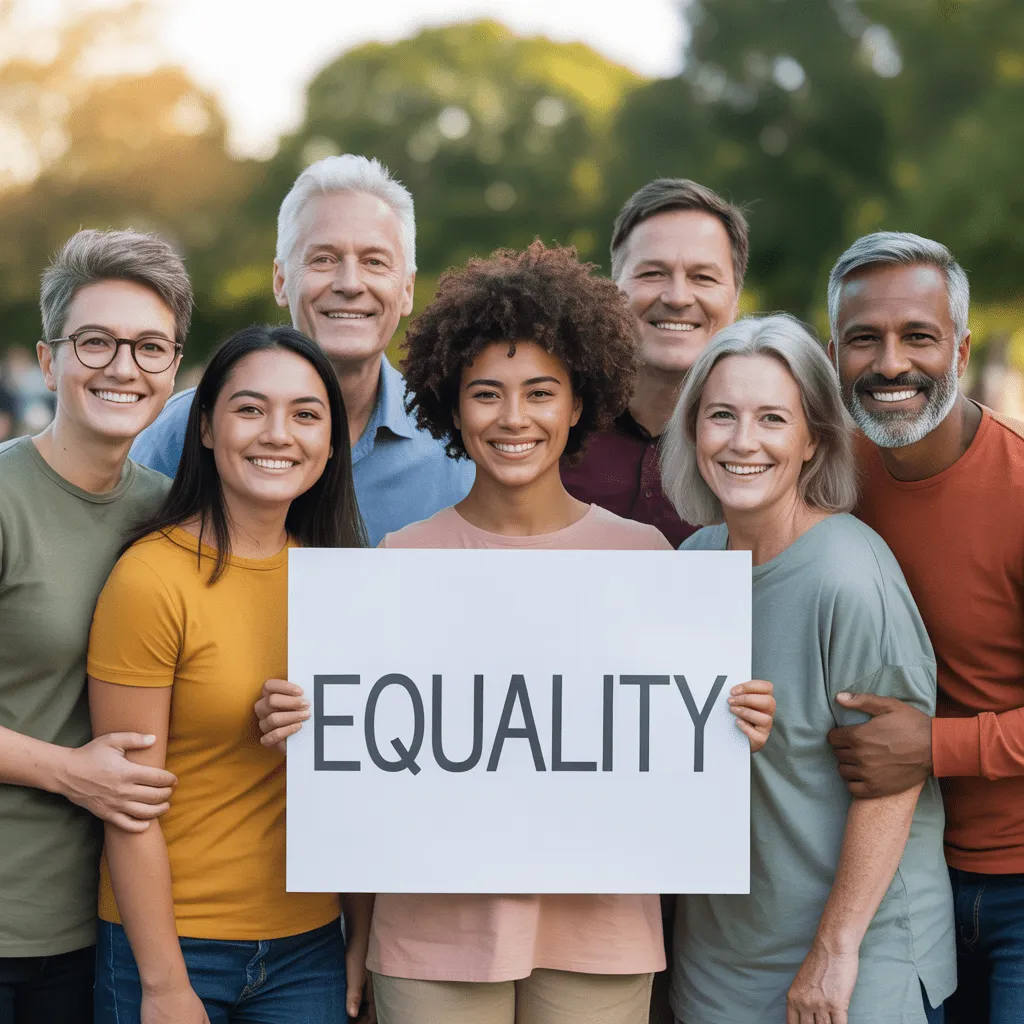 A diverse group of individuals standing in unity, symbolizing the fight for global inequality and gender equality.