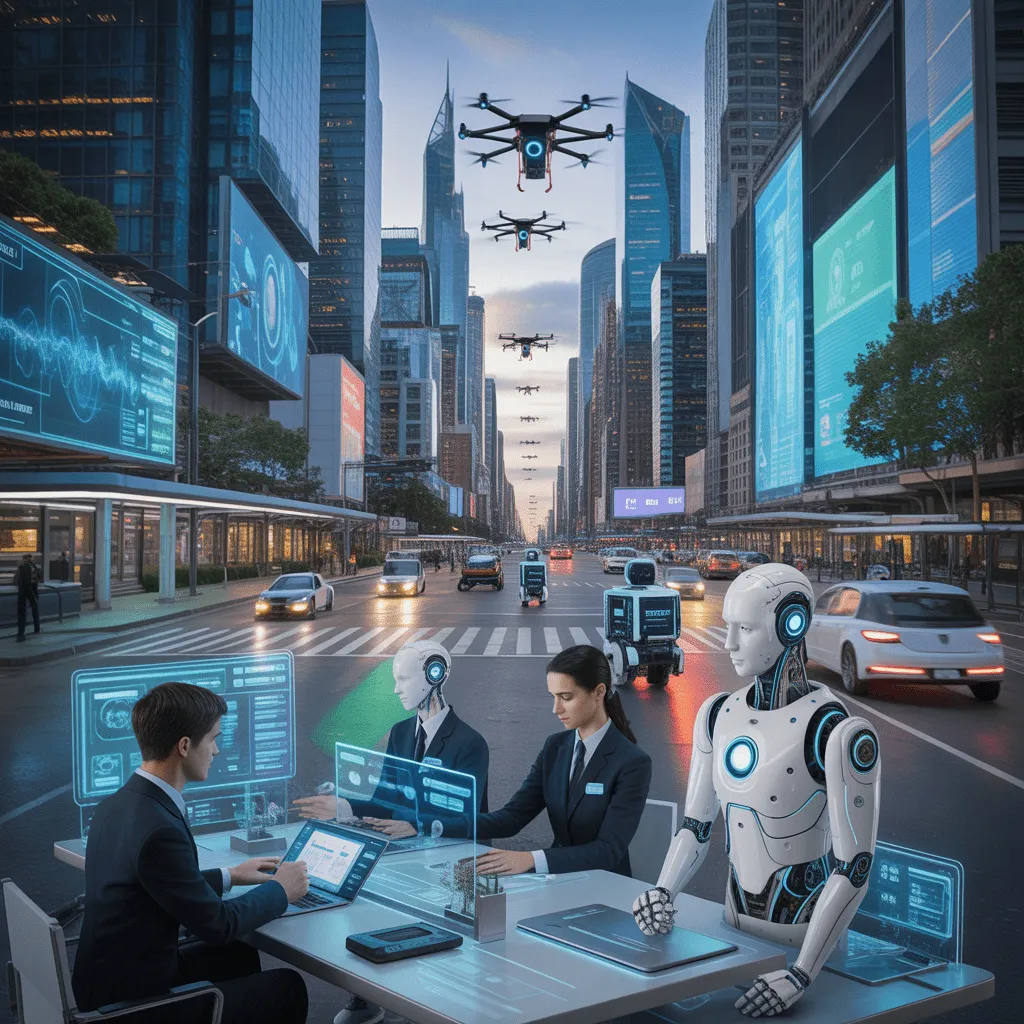 A futuristic city with AI and robotics disrupting the workforce, raising ethical challenges about privacy and job displacement.