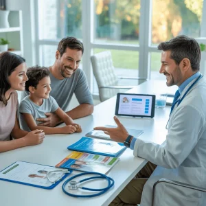 A doctor explaining health insurance options to a family in a modern clinic, with health brochures on the table.