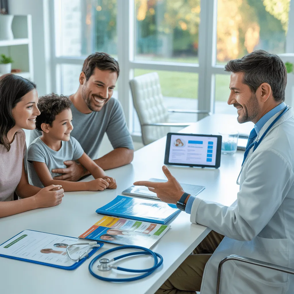 A doctor explaining health insurance options to a family in a modern clinic, with health brochures on the table.