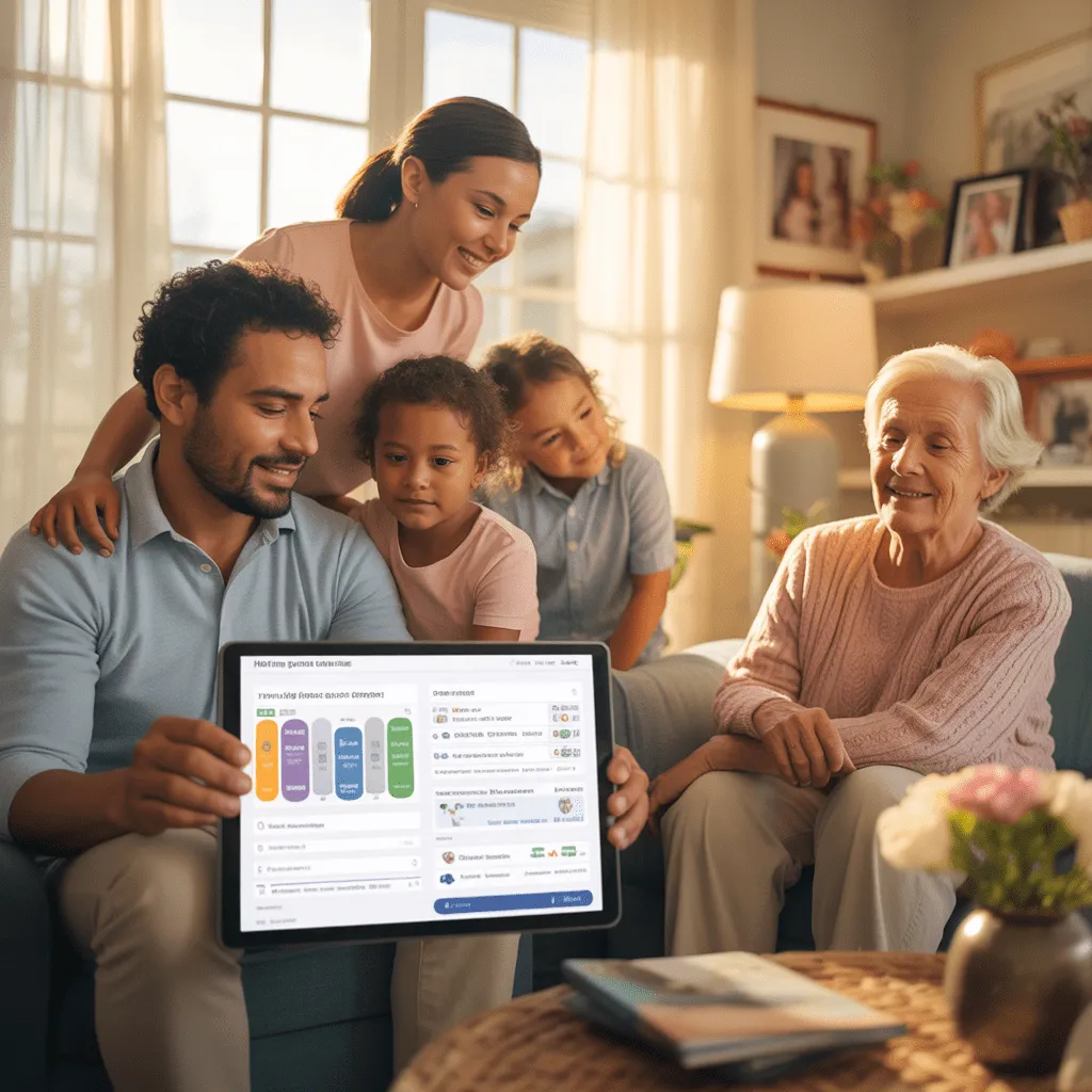 A family relaxed at home, reviewing health insurance plans on a tablet.