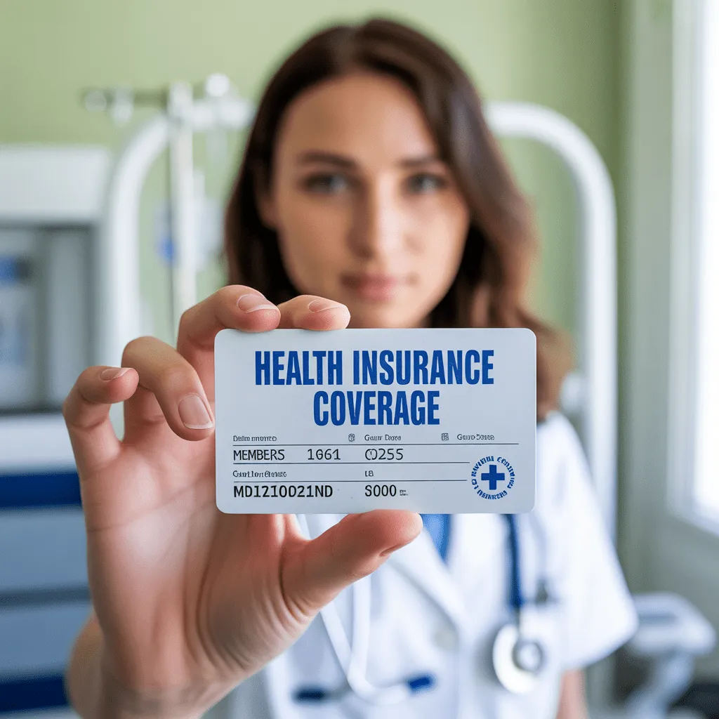 A hand holding a health insurance card with "Health Insurance Coverage" text on it.