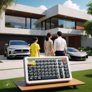 image of family vehicle, calculator, home insurance