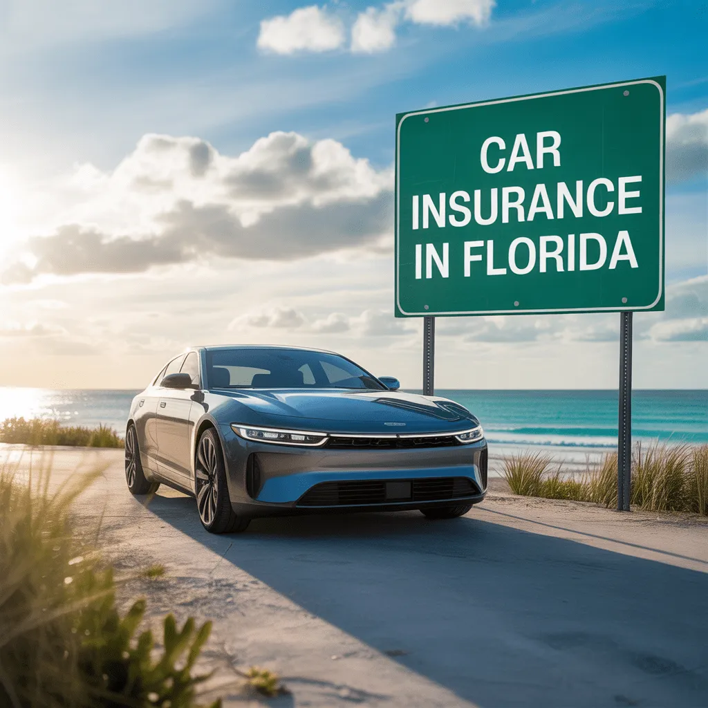 Sleek car with a sunny Florida beach in the background, symbolizing affordable car insurance in Florida.