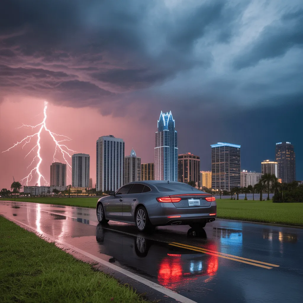 A Florida city with a luxury car and stormy weather in the background, emphasizing car insurance rates impacted by natural disasters.