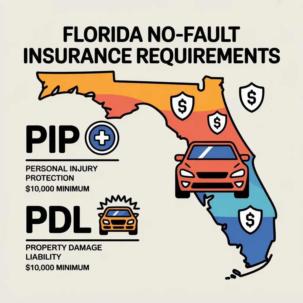 Infographic of Florida's car insurance requirements, showing Personal Injury Protection (PIP) and Property Damage Liability (PDL).