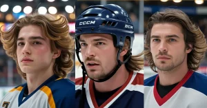 The feature image of Hockey Haircut Male hockey player with legendary flow haircut, long layered hair flowing from under helmet, ice rink arena setting, retro 1970s hockey aesthetic