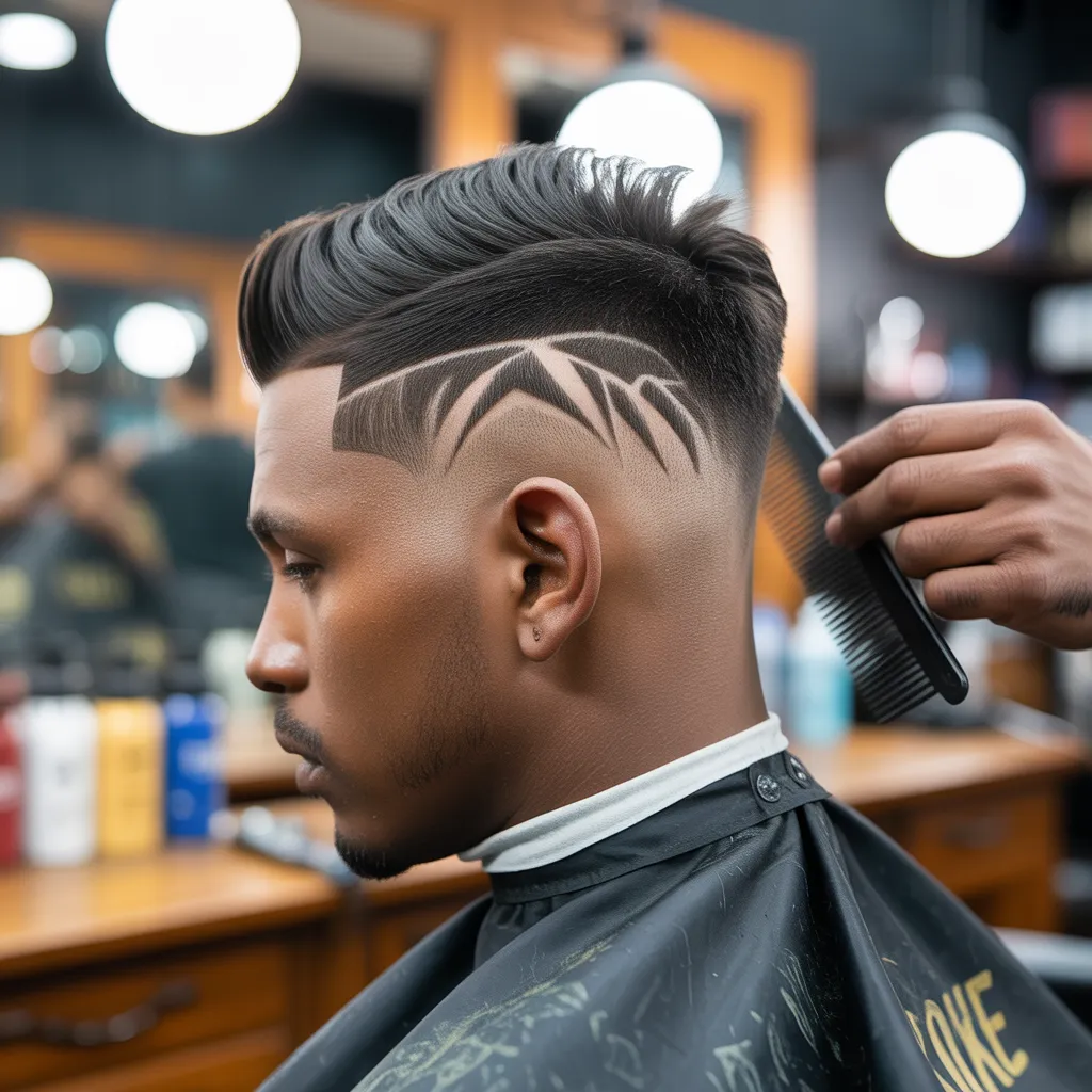 Best Boosie Fade Haircuts for Men: A Step-by-Step Guide 3 Barber creating a creative design Boosie fade haircut with sharp hairline and faded sides