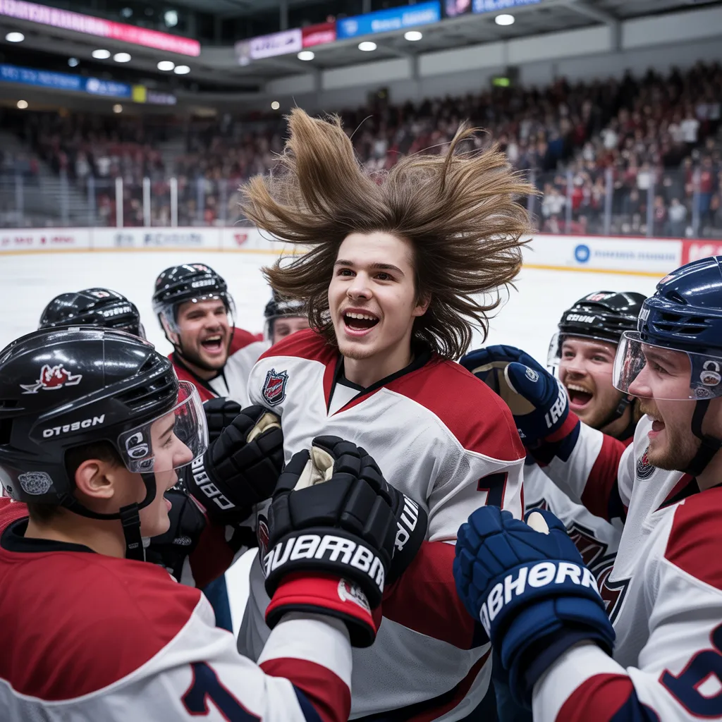 Canadian junior hockey rookie celebrating first goal with long uncut hair, OHL/WHL first-goal haircut ritual, emotional team celebration