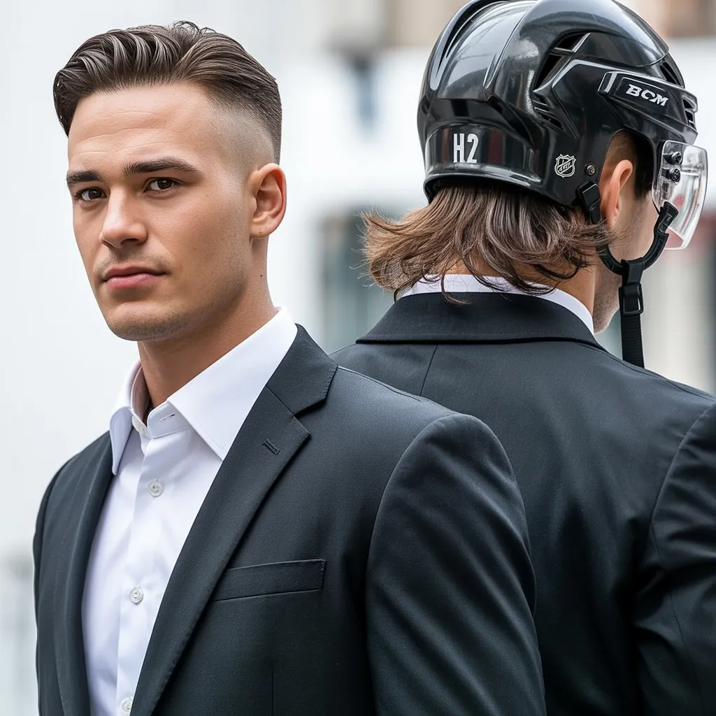 Hockey player demonstrating Business Flow hybrid haircut, suit with hidden undercut, helmet-off reveal showing full flow transformation