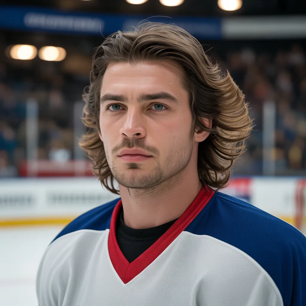 Male hockey player with legendary flow haircut, long layered hair flowing from under helmet, ice rink arena setting, retro 1970s hockey aesthetic