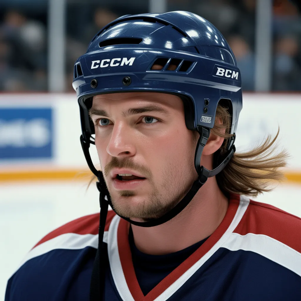 Hockey player with iconic mullet haircut, business in front party in back style, helmet hair flowing, 1980s-90s Canadian junior hockey vibe
