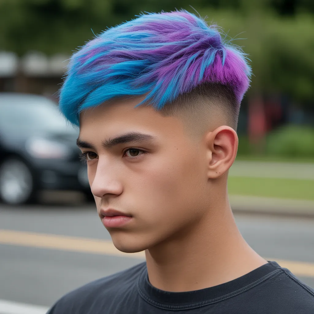 Teen boy ice cream haircut with neon highlights and fade sides.