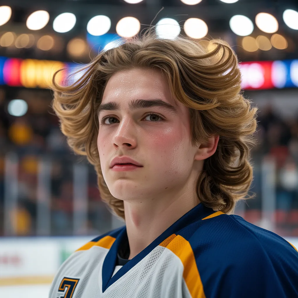 Minnesota high school hockey player with impressive flow waves, state tournament energy, hockey helmet tilted showing viral-worthy hair