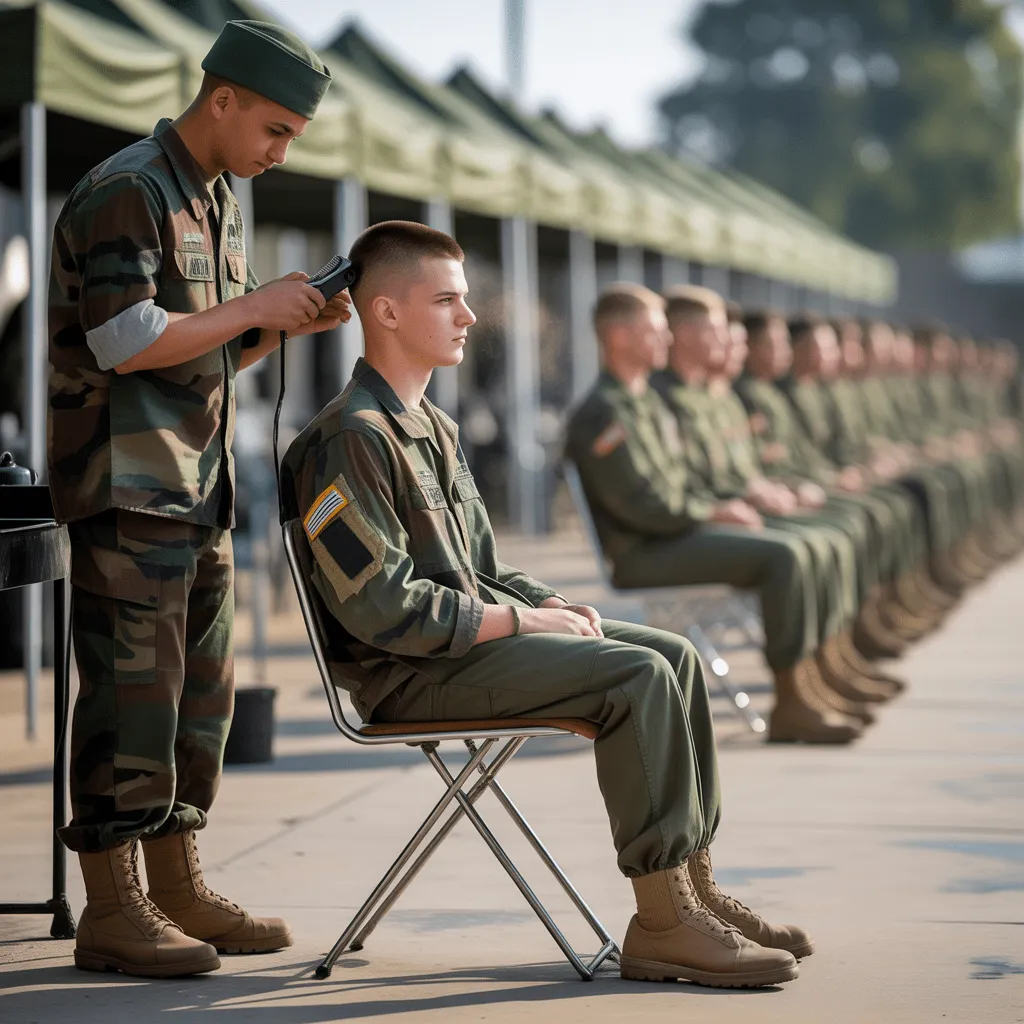 Explore the Best Army Haircuts: Classic Styles, Maintenance Tips, and Military-Inspired Looks 7 A soldier in basic training receiving a buzz cut, symbolizing uniformity and equality among new recruits in a military camp.