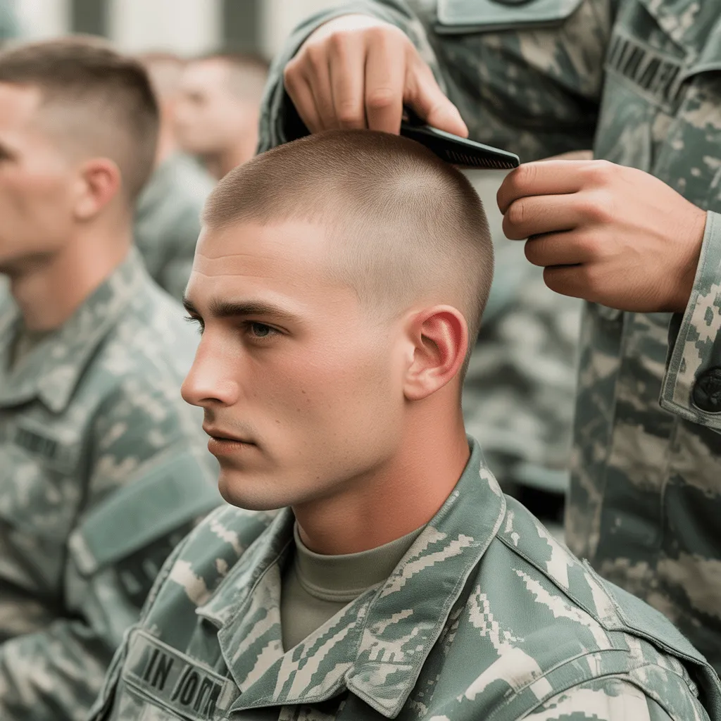 Explore the Best Army Haircuts: Classic Styles, Maintenance Tips, and Military-Inspired Looks 15 Buzz cut being given to a soldier in basic training, highlighting the fresh start of military life and the equality it promotes among recruits.