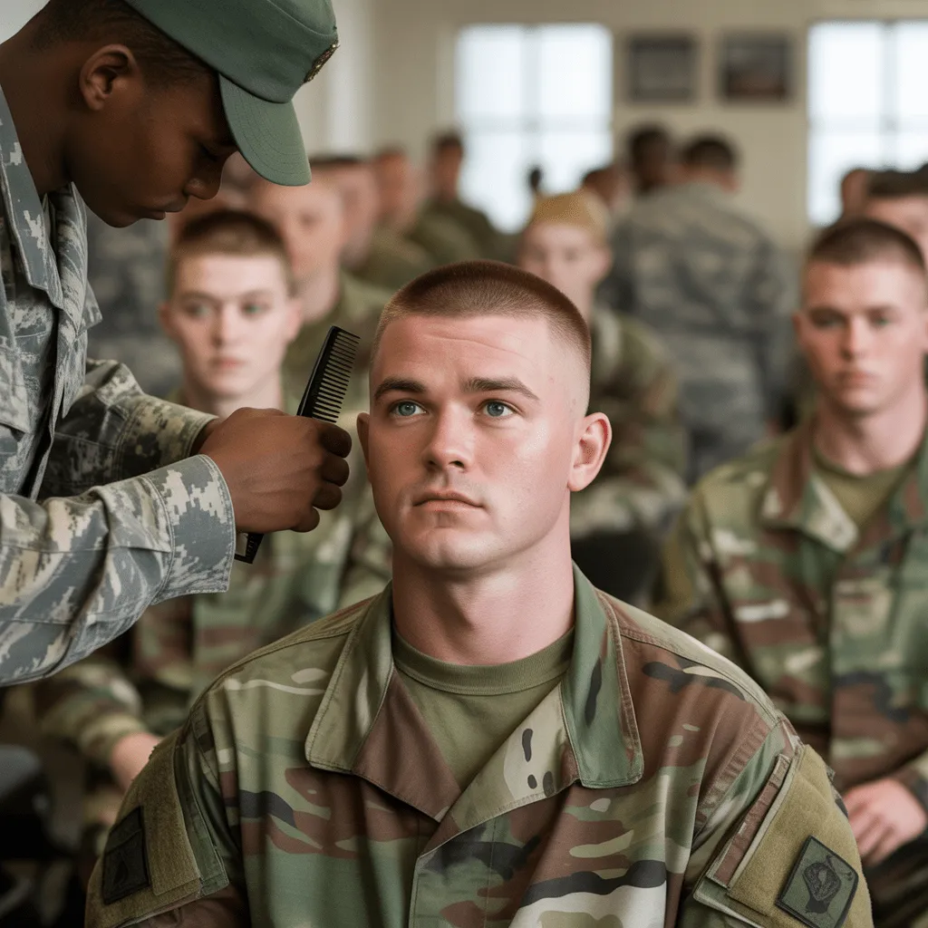 Explore the Best Army Haircuts: Classic Styles, Maintenance Tips, and Military-Inspired Looks 14 A fresh army recruit in basic training getting a buzz cut, representing the start of their disciplined military journey.