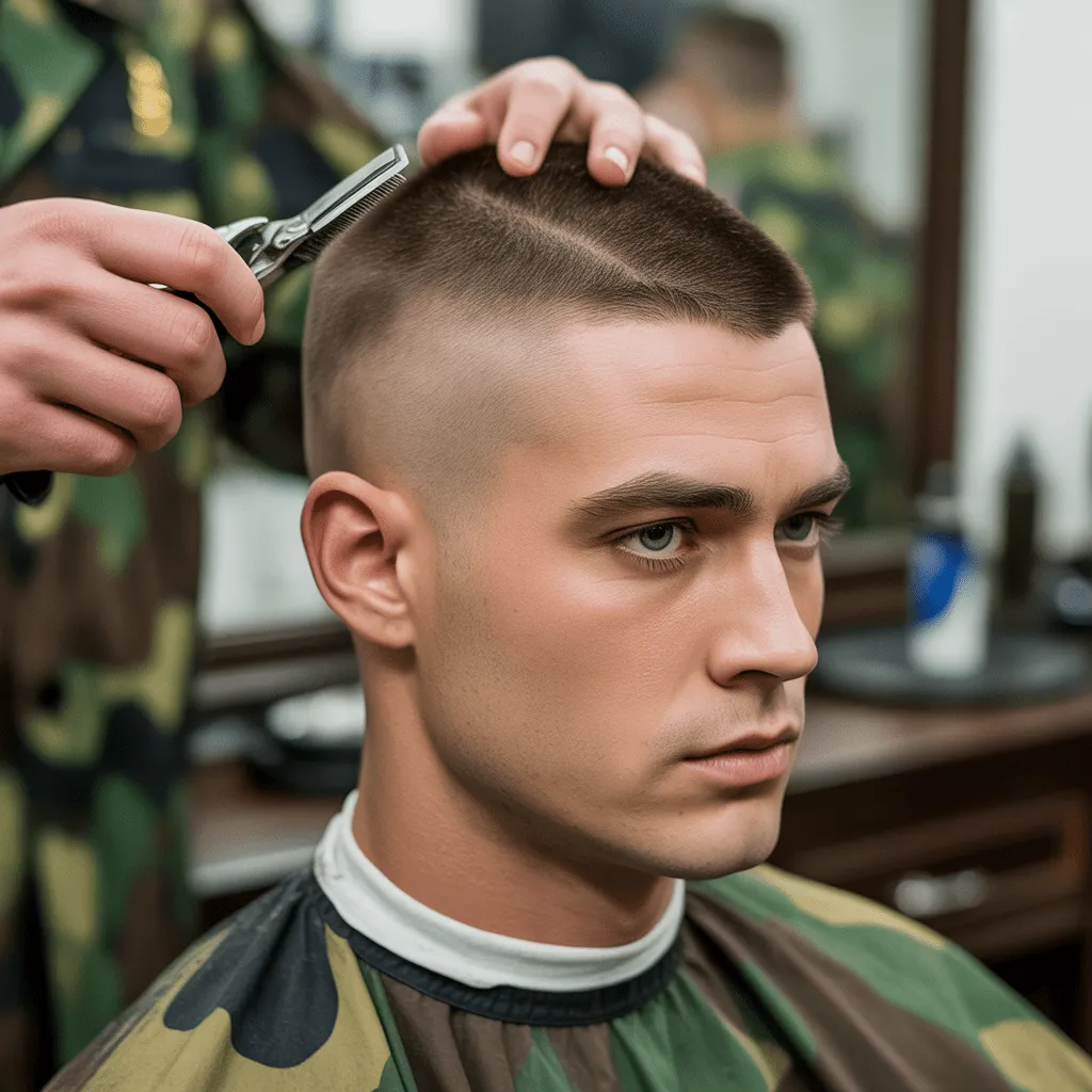 Explore the Best Army Haircuts: Classic Styles, Maintenance Tips, and Military-Inspired Looks 13 Soldier receiving a classic army buzz cut at a military barbershop, showcasing a clean and low-maintenance hairstyle.