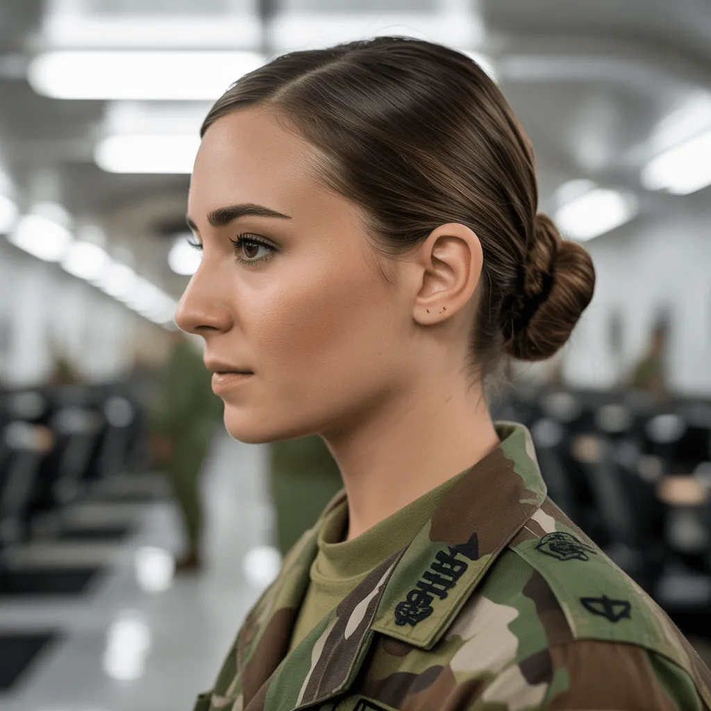 Explore the Best Army Haircuts: Classic Styles, Maintenance Tips, and Military-Inspired Looks 11 Female soldier with a neat, regulation-compliant bun hairstyle, exemplifying military professionalism and uniformity.