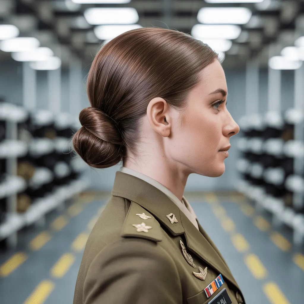 Explore the Best Army Haircuts: Classic Styles, Maintenance Tips, and Military-Inspired Looks 9 Female soldier sporting a neat bun hairstyle, adhering to army haircut regulations, with a backdrop reflecting military discipline.