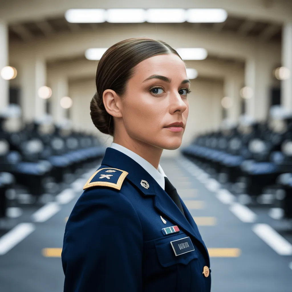 Explore the Best Army Haircuts: Classic Styles, Maintenance Tips, and Military-Inspired Looks 8 Female soldier with a neat army bun, following strict haircut regulations, with a clean and structured military background.
