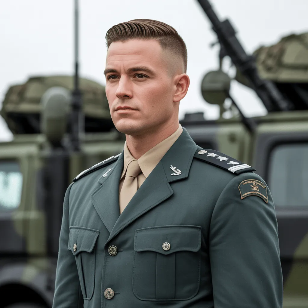 Explore the Best Army Haircuts: Classic Styles, Maintenance Tips, and Military-Inspired Looks 3 Army officer with a short, neat crew cut and side part, exuding discipline and authority in a uniformed, military setting.