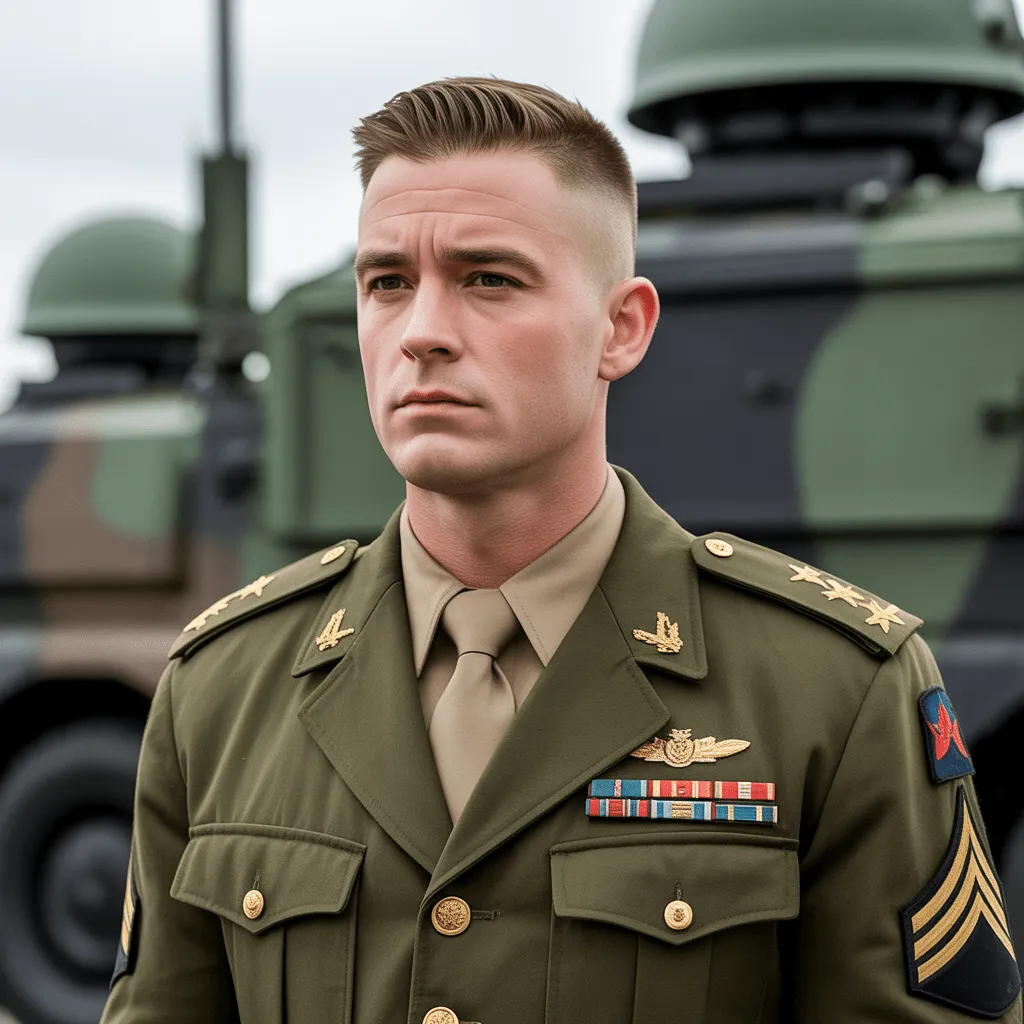 Explore the Best Army Haircuts: Classic Styles, Maintenance Tips, and Military-Inspired Looks 12 Army officer sporting a professional crew cut with a neat side part, symbolizing discipline and uniformity.