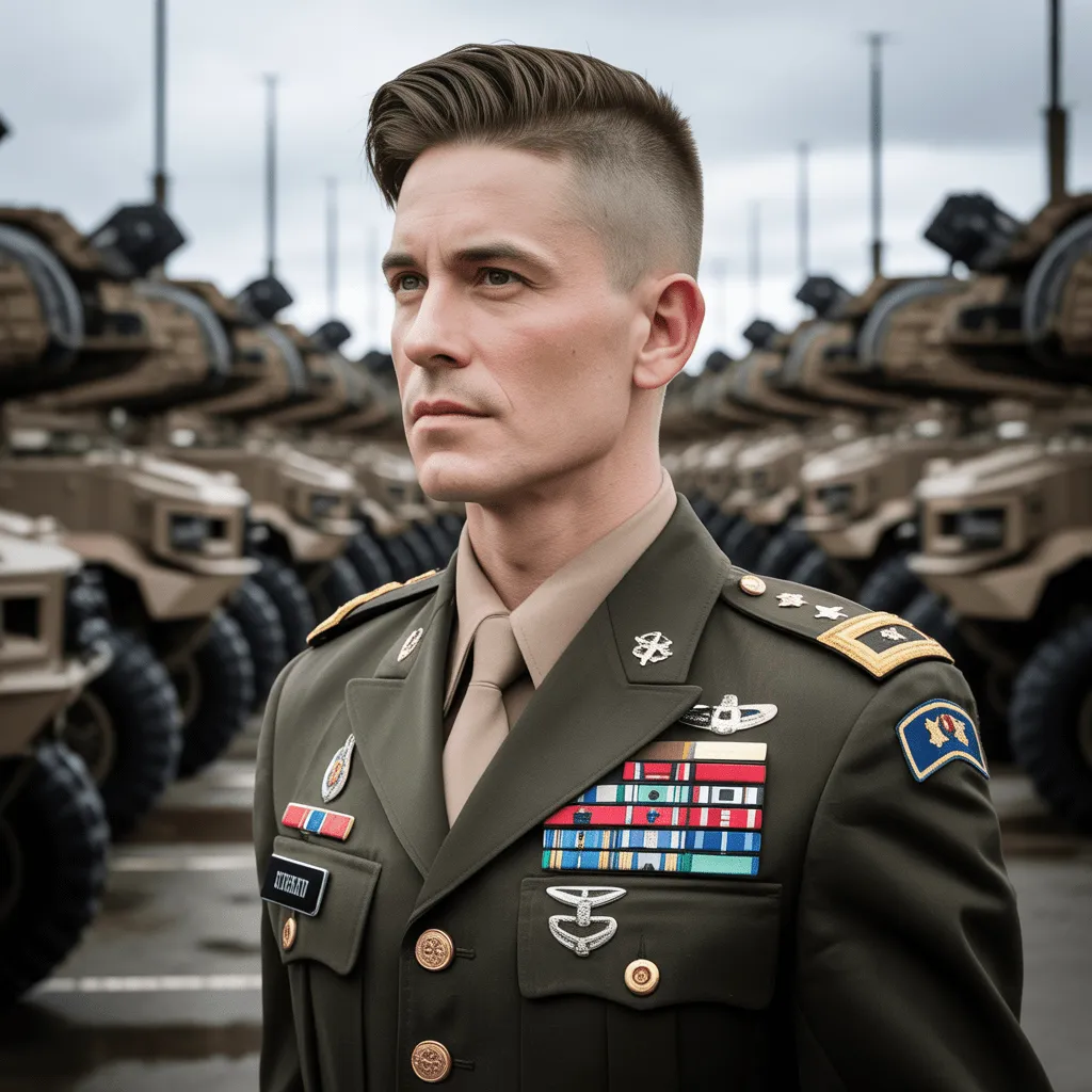Explore the Best Army Haircuts: Classic Styles, Maintenance Tips, and Military-Inspired Looks 2 A disciplined army officer in uniform with a clean crew cut and side part, standing in front of military equipment, symbolizing strength and professionalism.